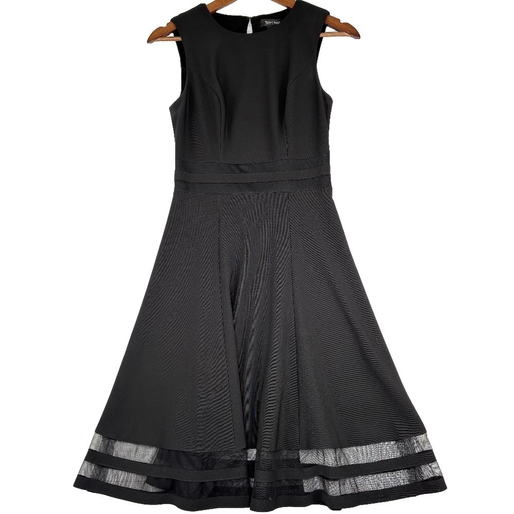 WHBM Black Sleeveless Flare Dress Midi Dress with Lace Netting Hem Line Size 00